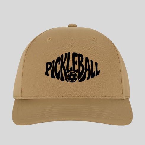 Beige cap with 'Pickleball' text and pickleball ball graphic on a light gray background